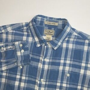 L.L. Bean Shirt Mens Large Blue Plaid Linen Cotton Slightly Fitted Button‎ Down